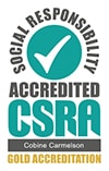 Logo of a "Social Responsibility Accredited CSRA" featuring a checkmark and the text "Gold Accreditation" along with an additional line "Corinne Carmelson".